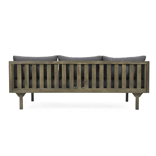 Christopher Knight Home Claremont Outdoor 3 Seater Acacia Wood Daybed with Fabric Water Resistant and Removable Cushions, Patio Garden Sofa with Slat Paneling Armrest and Back, Grey and Dark Grey
