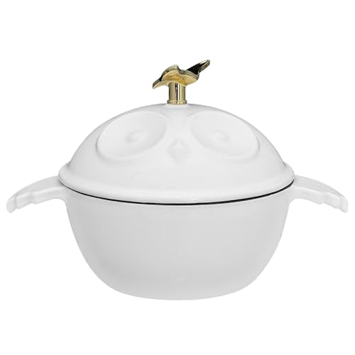 Flavehc Mini Cocotte 16 oz Owl Shaped Mini Dutch Oven 0.5 qt Cast Iron Garlic Roaster for Oven Garlic Confit Pot Ramekins with Lids Oven Safe, White