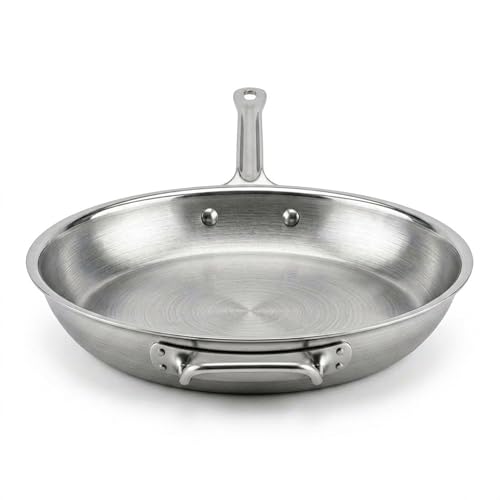 16" Stainless Steel Frying Pan, Tri-Ply Steel With Aluminum-Clad Bottom, Helper Handle, Induction Gas And Electric Compatible, Skillet Saute Pan For Omelette Pancake Egg