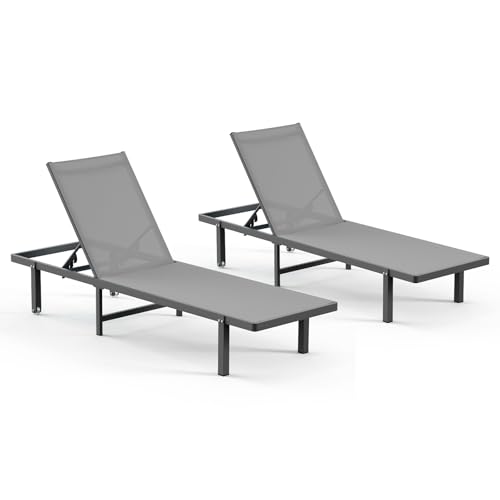 Oasbira Aluminum Outdoor Lounge Chairs Set of 2, Pool Lounge Chairs with Wheels and 5-Position Recliner -Easy to Move- Patio Chaise Lounge Outdoor for Poolside, Deck, Beach (Darkgray)