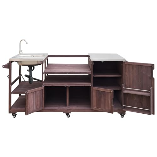 LUMISOL Outdoor Grill Table for Big Green Egg Grills, 75.4" Outdoor Kitchen Island with Sink, Solid Wood Rolling Kitchen Cart with Stainless Steel Top and Internal Storage Rack, Brown