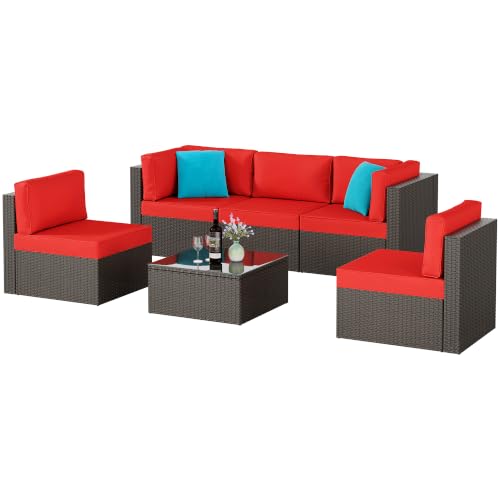 6 Pieces Patio Furniture Set Outdoor Couch Wicker Sectional Sofa, Red