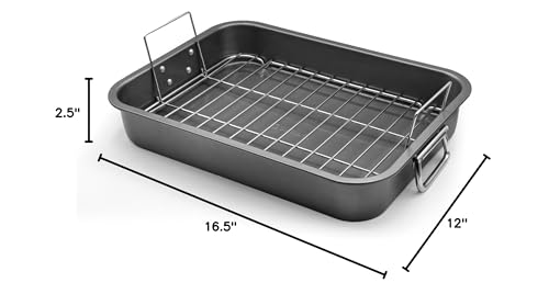 Large Roasting Pan With Rack 12” X 16” - Non Stick Large Roaster Pan and Flat Rack With Foldable Handles - Roasting Pans for Ovens to Elevate Food for Even Heating - Dishwasher Safe Turkey Roast Pot