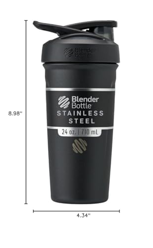 BlenderBottle Strada Shaker Cup Insulated Stainless Steel Water Bottle with Wire Whisk, 24-Ounce, Black
