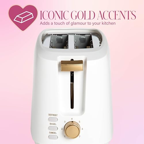 Paris Hilton 2-Slice Toaster, Extra-Wide Slots, 7 Browning Settings, Bagel & Defrost Functions, Removable Crumb Tray, White