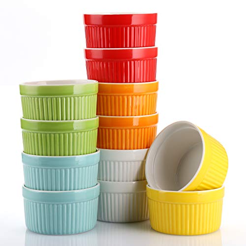 Foraineam 12 Pack 6 oz Ramekins Bakeware 6 Colors Porcelain Souffle Dishes Dessert Custard Baking Cups for Souffle, Creme Brulee and Ice Cream