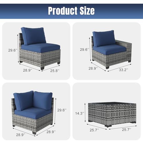 Aoxun 12 Pieces Patio Furniture Set Wicker Rattan Outdoor Sectional Conversation Set with Coffee Table and 4” Thickened Cushions, Gray Blue(Waterproof Cover Included)