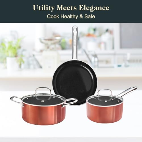 M MELENTA Pots and Pans Set Non Stick, 7 Piece Ceramic Cookware Set, Non Toxic Kitchen Induction Cookware Sets, Pots and Pans Cooking Set with Oven Safe Handle, 100% PFOA Free, Copper