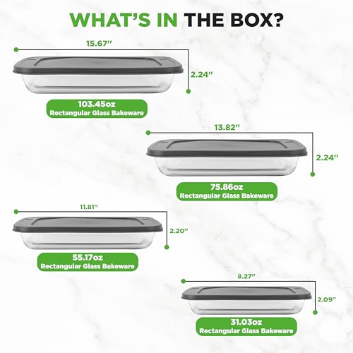 NutriChef 8-Piece Deep Glass Baking Dish for Oven with Lids - Casserole Dishes for Oven - Bakeware Sets for Lasagna, Meatloaf, Leftovers, Cooking, & Dishwasher Safe -Gray