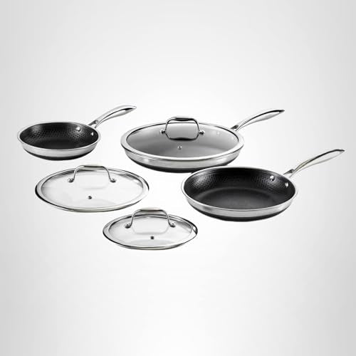 HexClad Hybrid Nonstick 6-Piece Frying Pan Set, 8, 10 and 12-Inch Frying Pans with Tempered Glass Lids, Stay-Cool Handles, Dishwasher and Oven Safe, Induction Ready, Compatible with All Cooktops