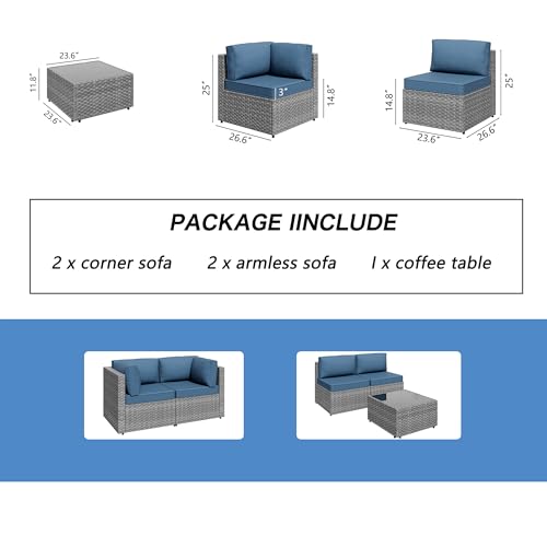 Shintenchi 5 Pieces Outdoor Patio Furniture Sets, Patio Sectional Sofa Couch, Gray PE Wicker Furniture Modular Patio Conversation Sets Patio Sofa with Washable Cushions & Table(Aegean Blue)