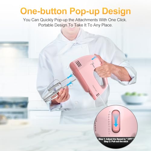 LILPARTNER Hand Mixer Electric, Ultra Power Kitchen Hand Mixer With 7-Speed & 5 Stainless Steel Accessories for Whipping Dough, Cream, Cake, Dishwasher Safe, Light Pink
