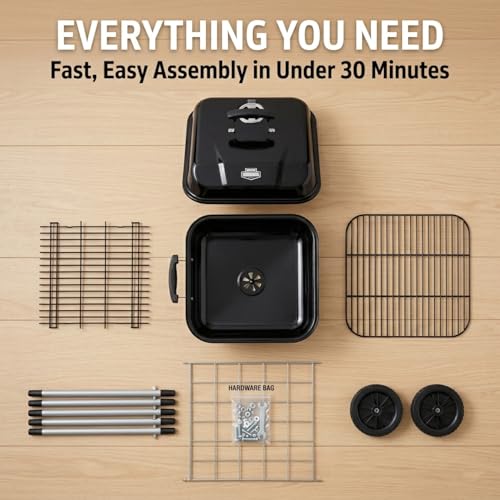 17.5 Inch Square Charcoal Grill with Wheels, Portable Outdoor BBQ Kettle Grill for Patio and Backyard Cooking, Porcelain-Coated Steel Grates and Adjustable Dampers, 302 Sq In Cooking Area, Black