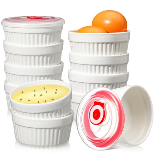 LOYIM 12 Pack 6 oz Ramekins with Lids Oven Safe Porcelain Creme Brulee Ramekins with Covers White Pudding Custard Cups Stackable Ramekins Ceramic Bowls for Baking Dishwasher Ice Cream Serving Dip