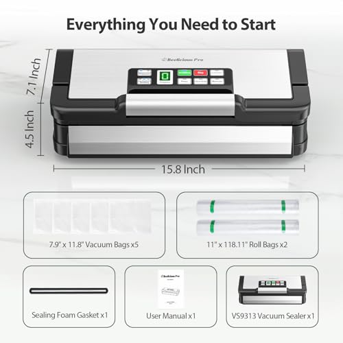 95kPa Vacuum Sealer Machine with AquaLock Technology, Dual-Pump Automatic Food Sealer for Dry & Moist Foods, Double Heat Seal, Built-in Cutter, Bag Storage & Accessory Hose,2 Bag Rolls,Stainless Steel