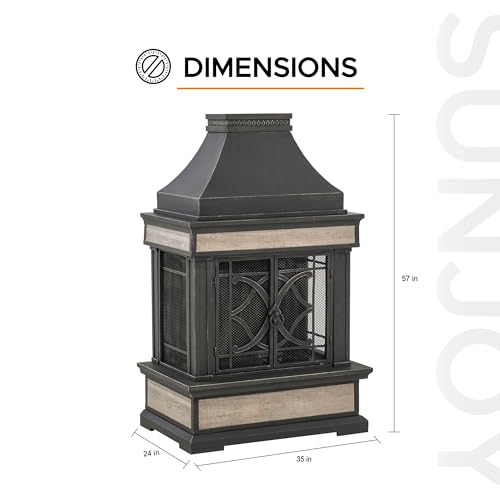 Sunjoy Outdoor Fireplace, Stone Look Tile Patio Wood Burning Steel Fireplace with Chimney, Spark Screen, Fire Poker, Rain Cover, and Removable Grate, Black with Golden Highlight