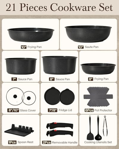 USELUCK 21Pcs Ceramic Pots and Pans Set Non Stick, Kitchen Cookware Set with Detachable Handles, Non Toxic Healthy Cooking Set, Induction Dishwasher Oven Safe, PTFE PFOA PFOS Free, Black