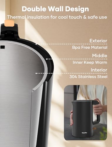 Yoochu Electric Kettle, Double Wall 1.7L Stainless Steel Cool Touch, Water Boiler & Heater, 1500W Hot Tea Pot, Boil Dry Protection & Cordless Base, BPA-Free, Black
