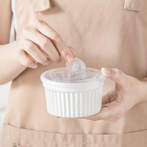 vancasso 6 oz Ramekins with Lid, Porcelain Creme Brulee Souffle Dishes, White Pudding Custard Cups Ramiken for Baking, Dishwasher and Oven Safe, Set of 6