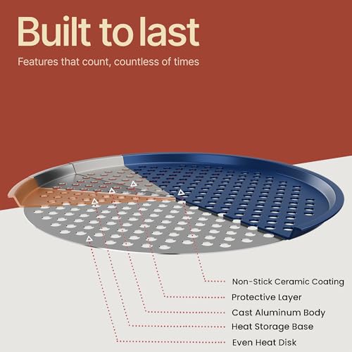 Bakken Pizza Baking Pan - Round Perforated Carbon Steel Pan with Non-Stick Marble Coating, Oversized Silicone Handle, Dishwasher Safe, High-Temperature Resistant, Durable & Easy Cleanup - Blue, 2 Pack