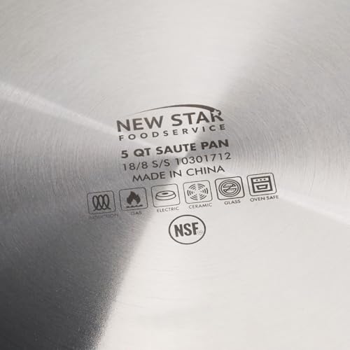 New Star Foodservice 5 Qt Stainless Steel Sauté Pan with Cover, 18/8 Stainless Steel, 3.1-Inch Depth