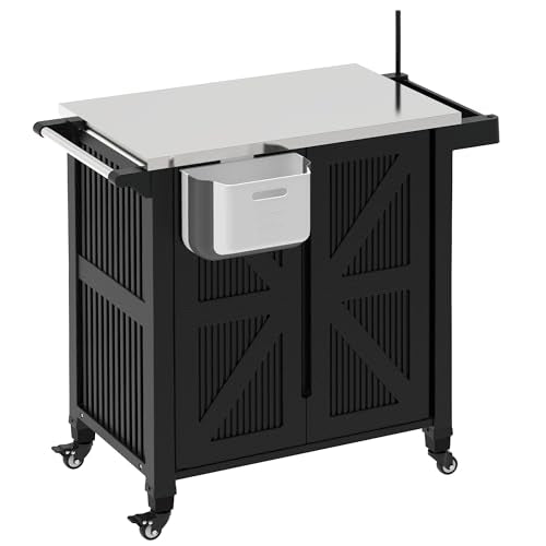 IWDOO Outdoor Kitchen Island with Storage Cabinet, Movable Grill Cart with Stainless Steel Countertop, 4 Swivel Wheels, PP Material Rolling BBQ Food Prep Table Cart for Patio, Poolside, Black
