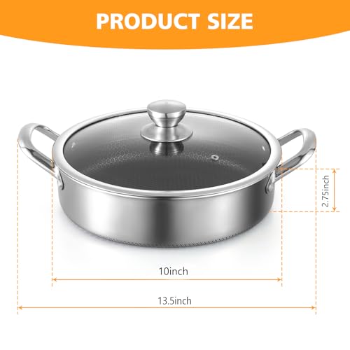 Toutrop Saute Pan,10 Inch Nonstick Deep Frying Pan,316L Stainless Steel Sauté Pan with Lid,Induction Cooking Pan,PFOA Free Cookware,Dishwasher & Oven Safe