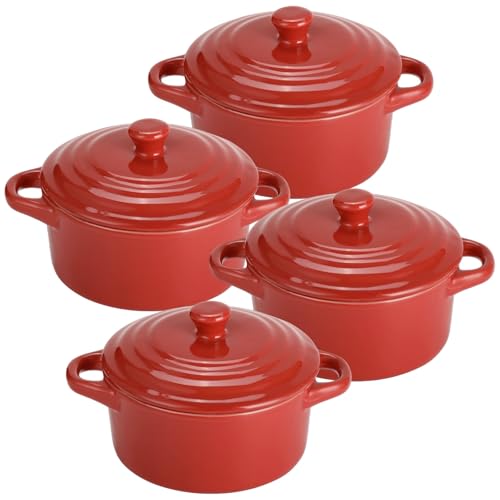 4 Pcs Red Ceramic Small Cocotte Set, 5.3 x 3.1 in Small Ramekins with Lids & Handles, 10.1 Fl Oz Dutch Oven Safe Ceramic Bowls for Steaming, Baking, Desserts, Food