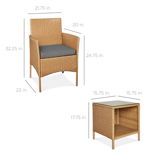 Best Choice Products 3-Piece Outdoor Wicker Conversation Bistro Set, Space Saving Patio Furniture for Garden w/Side Table - Natural/Gray