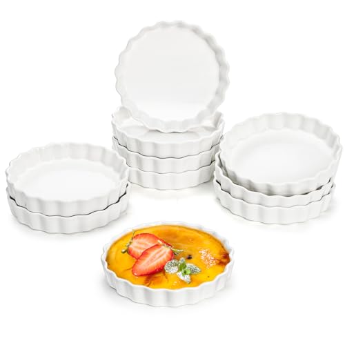 Foraineam 10 Pack 8 oz Creme Brulee Ramekins, 6 Inch Round Fluted Quiche Dishes, Porcelain Pie Pan Shallow Baking Dish Oven Safe for Baking Souffle, Apple Pie, Quiche, Tart