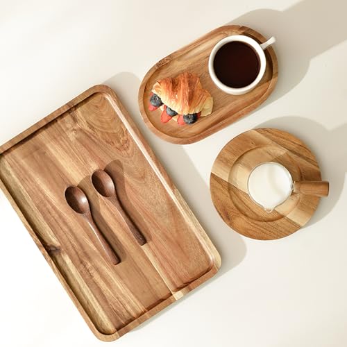 YOUEON Set of 2 Acacia Wood Serving Tray with Raised Edge, 14.2 x 9.5 Inch Rectangular Serving Tray, Appetizer Cheese Plate, Sandwich Dessert Trays, Wood Plates for Food, Coffee, Fruit, Cookie