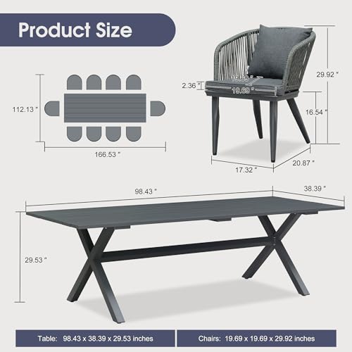 PURPLE LEAF 11 Pieces Patio Dining Set, Rectangular Table and Chairs, Grey