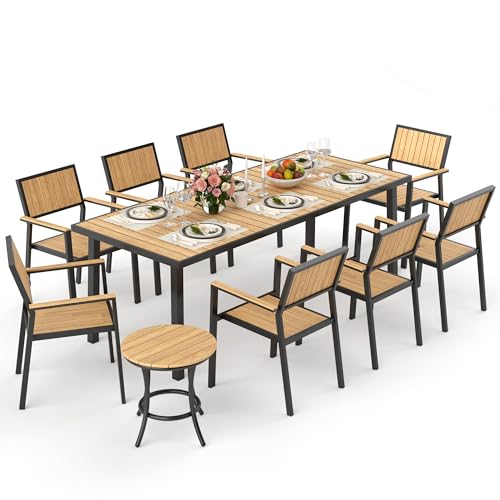PATIOPIA 10-Piece Patio Dining Set, Outdoor Weather-Resistant Plastic-Wood Table & 8 Stackable Chairs, Outdoor Durable Aluminum Frame Furniture for Garden, Poolside, Backyard