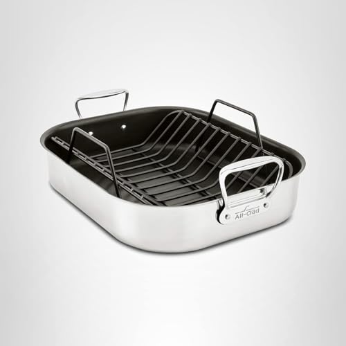 All-Clad Specialty Stainless Steel Large Roaster with Nonstick Rack 13x16 Inch Oven Broiler Safe 500F Roaster Pan, Pots and Pans, Cookware Silver