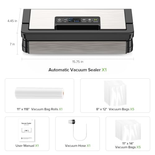 JLHSWENND Vacuum Sealer for Food, 95kPa Food Saver Vacuum Sealer Machine, Dry/Moist Food, Automatic Food Sealer, Touch Display, Double Heat Seal (Gunmetal Steel)