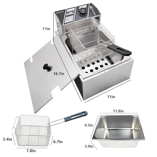 Commercial Deep Fryer with Baskets, 1700W 9.7QT/9.1L Thickened Stainless Steel Countertop Electric Oil Fryer, Large Capacity with Temperature Control (6L)