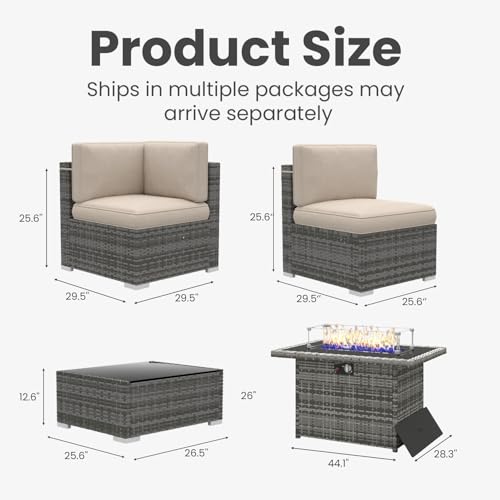 Vakollia 15 Pieces Patio Furniture Set with 44" Propane Gas Fire Pit Table, Outdoor Sectional Wicker Conversation Sofa Sets with Coffee Table
