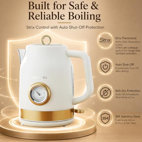 QUAXWELL Retro Electric Tea Kettle, 1.7L, Matte White and Gold