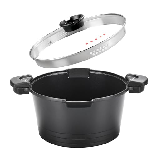 8.5qt Pasta Pot with Strainer Lid, Cast Aluminum Stockpot Multipot, Nonstick Ceramic Coating make Cleanup easy with Tempered Glass Lid, Dishwasher Safe, Induction, Black (Black, 8.5 Quarts)