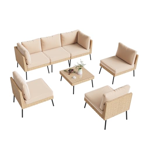 Aoxun 7-Piece Patio Furniture Set, Wicker Outdoor Furniture with Water Resistant Thick Cushions, Patio Conversation Set Outdoor Sectional Sofa with Coffee Table for Backyard Poolside, Beige