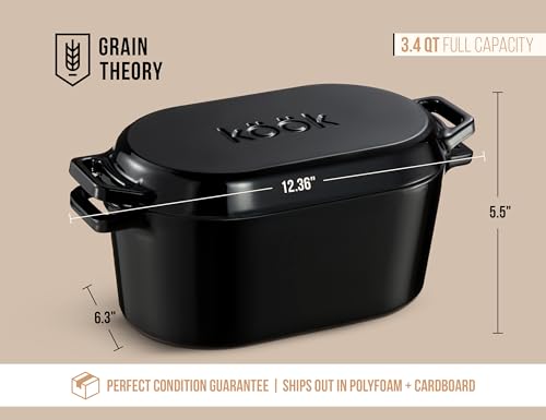 KooK Dutch Oven, for Bread Baking, Sourdough Loaf Pan, with Lid, Dual Handles, Enameled Cast Iron, includes Lid Lever, Dishwasher Safe, Oven safe 500F, 3.4 Qt, Black