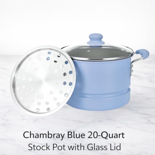 Alpine Cuisine 20- Quart Stock Pot with Lid, Aluminum Cooking Pot with Gray Ceramic Nonstick Coating, Steamer Insert for Soup, Pasta, Stews, and Dumplings, Chambray Blue