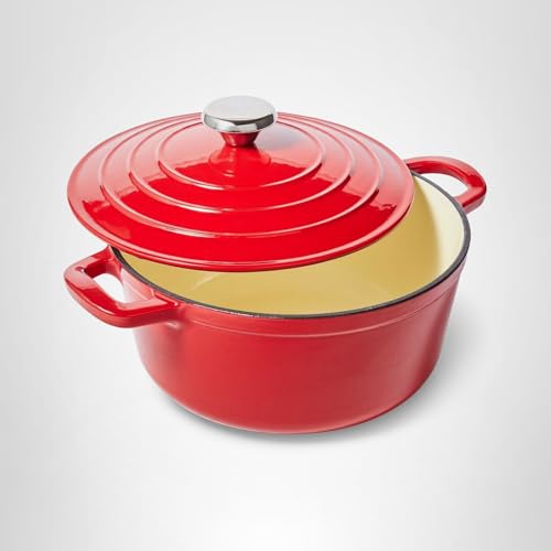 Sur La Table 4-Qt Enameled Cast Iron Dutch Oven – Oven & Broiler to 500°F, Induction Compatible, with Lid for Braising, Baking & Deep Frying, Nonstick Interior, Red