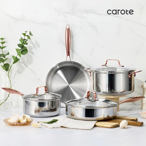 CAROTE 10" Tri-Ply Stainless Steel Frying Pan, Non-Toxic Egg Pan Omelet Pan, Oven Safe, Induction, Ceramic and Gas Cooktops Compatible, Polished Silver