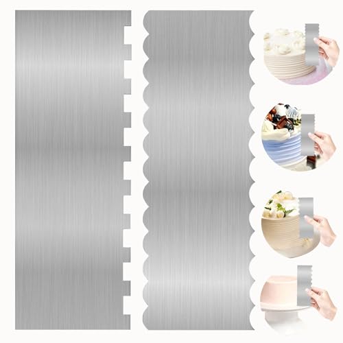 2 Pcs Stainless Metal Cake Scraper Smoother Double Sided Patterned Edge Cake Decorating Supplies Spatula Frosting Icing Tools Comb for Icing Cakes Buttercream Decorating
