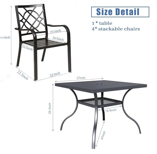 Crownland 5 Piece Patio Dining Set, 4 Stackable Metal Chairs and Square Outdoor Dining Table with 9FT Dark Blue Round Outdoor Umbrella (Metal Tabletop)