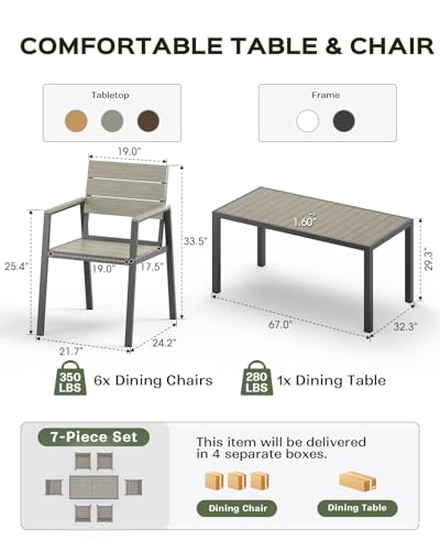 Vexwalx Outdoor Dining Set, Aluminum Dining Table Set for 6, Patio Table and Chairs Set (7-Piece, Gray)