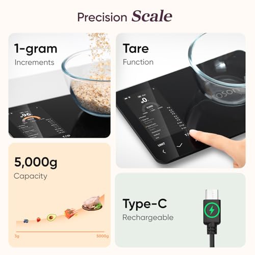 Cosori Smart Food Kitchen Scale with Nutritional Calculator, Free App for AI Scan, Calorie & Macro Tracking, Food Preload, On-Screen Nutrient Info, Personal Goals, Rechargeable, 11 lb / 5 kg