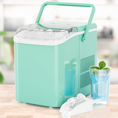 KMFurnila Ice Makers Countertop, Portable Ice Machine with Handle, 6 Mins 9 Bullet Cubes with Basket and Scoop, 26lbs in 24Hrs, Auto-Cleaning, for Home, Kitchen, RV, Camping, Green
