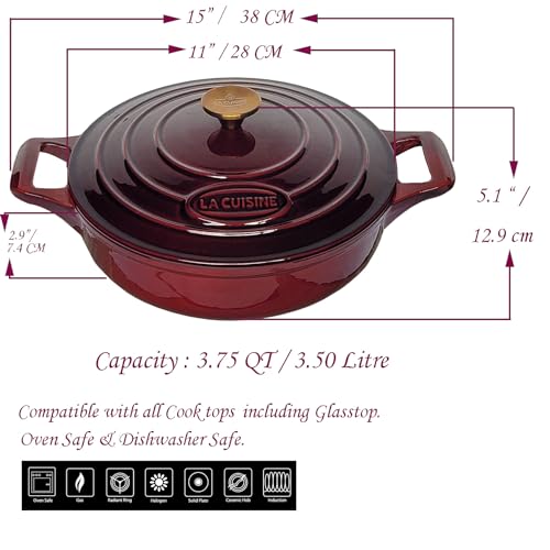 La Cuisine Enameled Cast Iron Braiser Shallow Dutch Oven Braising Sauté Pan 3.75 QT 11" Dia. Internal Matt Black Enamel Coating, Cranberry, Golden Lid Knob, Oven Safe, Induction Cooktop Compatible
